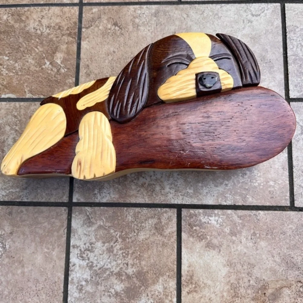Vintage Wooden 3D Puppy Hideaway Box 4Pcs Wood Dog Laying Down Jewelry box